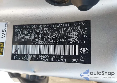 2005 Toyota Prius z USA, uszkodzony, nr VIN JTDKB20U253074611